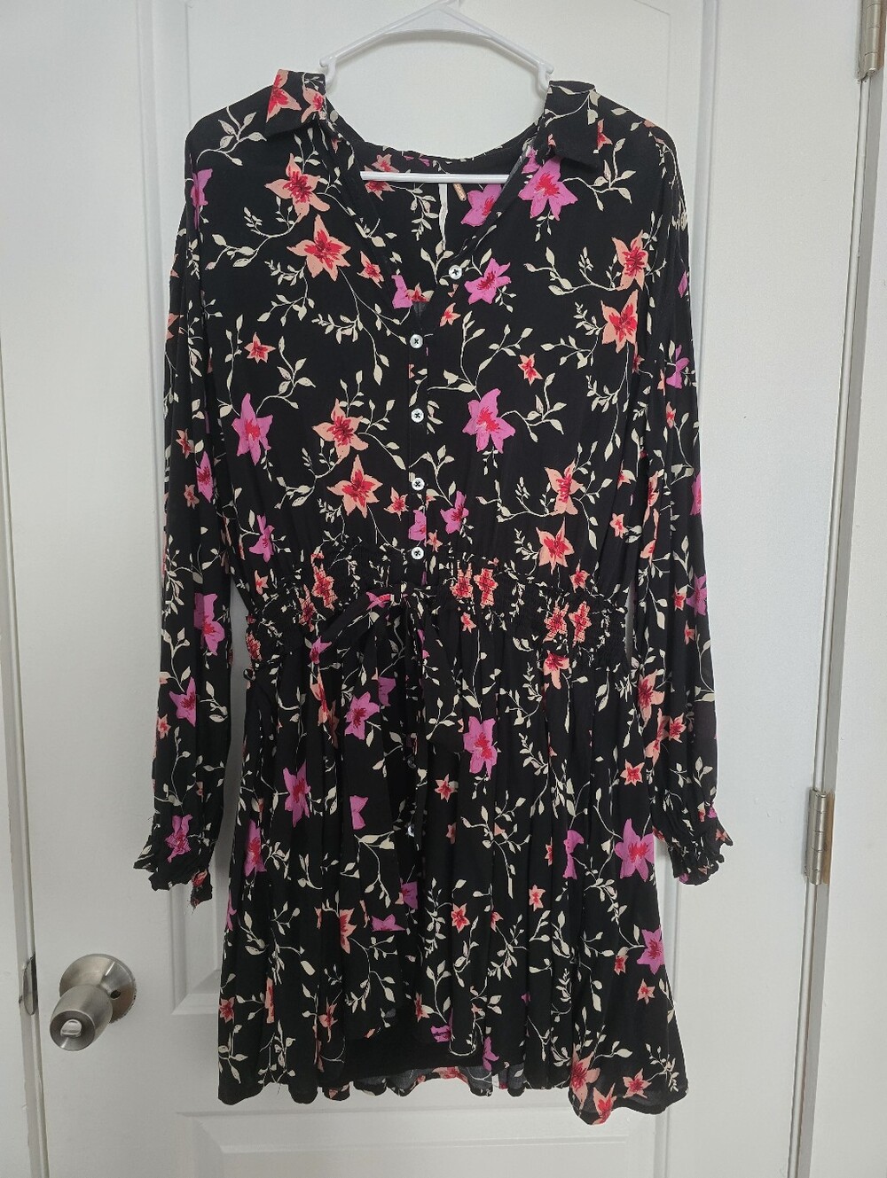 Free People Black Floral Button-Front Smock Dress